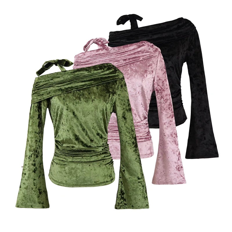 American-Style Pure Brick And Stone Velvet Oblique Shoulder Strap Horn Long Sleeve Pleated Slim T-Shirt 2025 Spring New Bottoming Shirt - Image 2