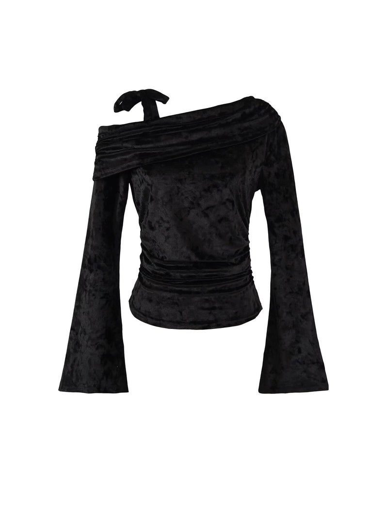 American-Style Pure Brick And Stone Velvet Oblique Shoulder Strap Horn Long Sleeve Pleated Slim T-Shirt 2025 Spring New Bottoming Shirt - Image 1
