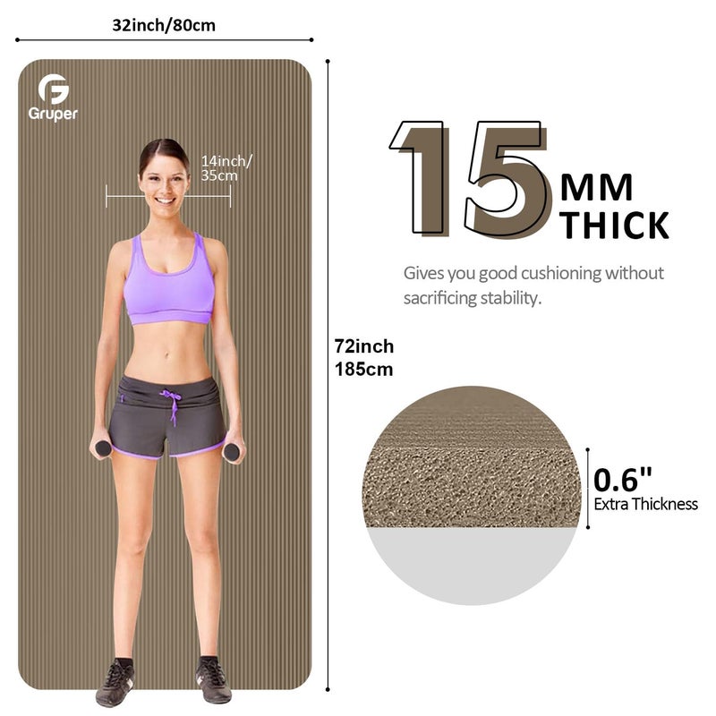 Gruper Thick Yoga Mat Non Slip, Large Size 72" L x 32" W x 0.6" TH, Premium Exercise & Fitness Mat with Carrying Strap and Bag, Workout Mats for Home (Brown, 0.6 * 32 * 72 Inches) - Image 2