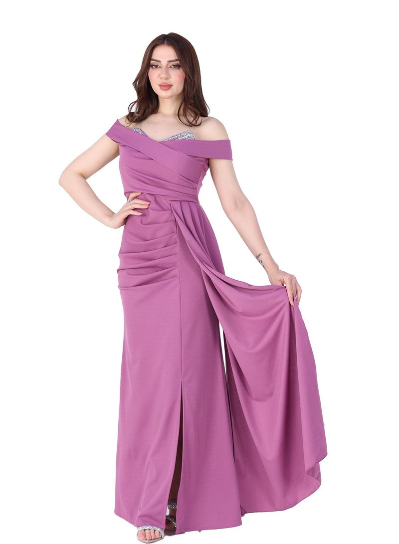 Modern Design A soft, off-the-shoulder dress with elegant embroidery at the top of the chest and an opening at the bottom of the dress  - Image 1