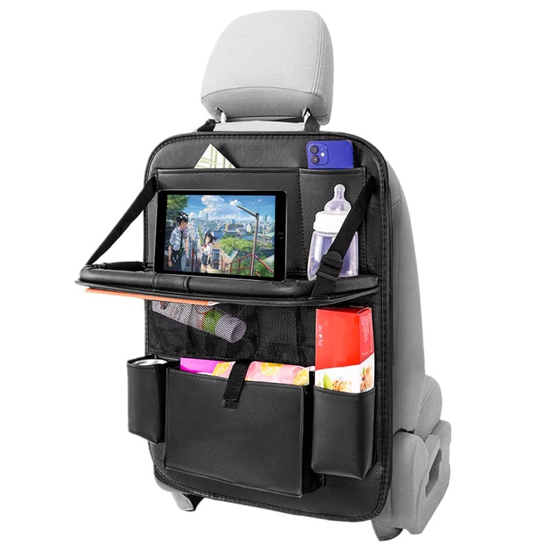 MONKONAR Leather Car Backseat Organizer with Tablet Holder - 9 Large Storage Pockets, Foldable Food Tray & Anti-Scratch Kick Mats - Universal Car Seat Protector for Kids, Pets & Travel Accessories 1 Pack - Image 4