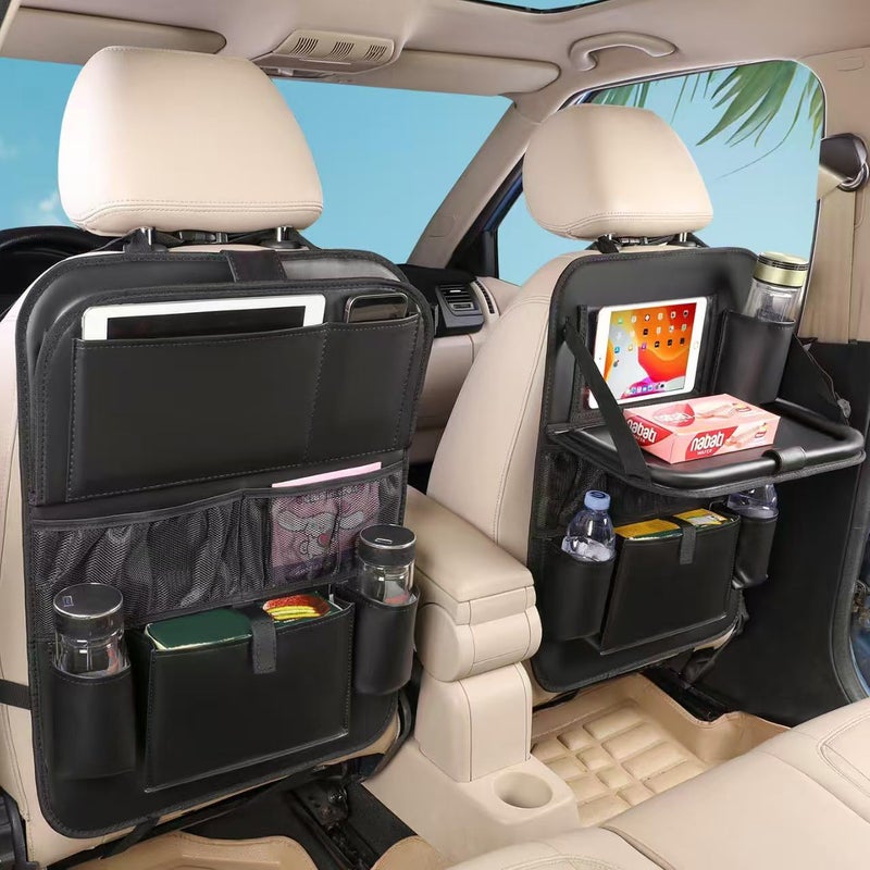 MONKONAR Leather Car Backseat Organizer with Tablet Holder - 9 Large Storage Pockets, Foldable Food Tray & Anti-Scratch Kick Mats - Universal Car Seat Protector for Kids, Pets & Travel Accessories 1 Pack - Image 1