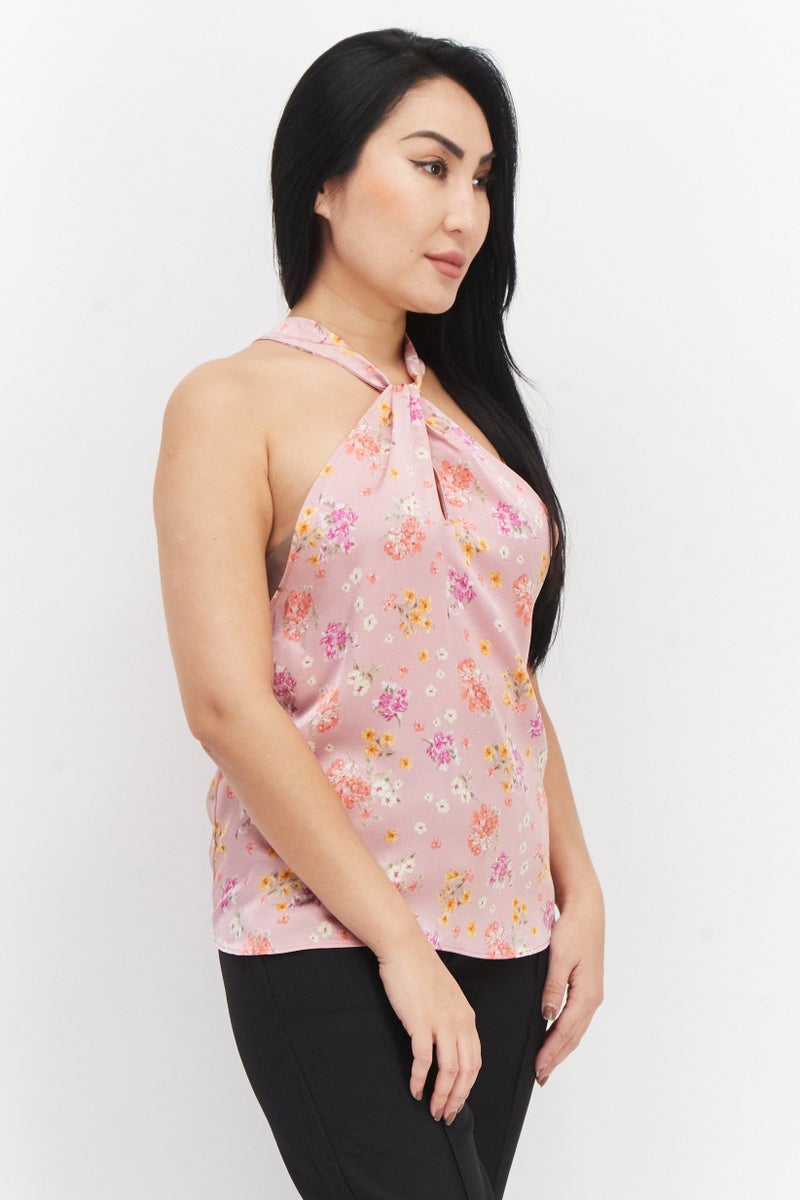 Aqua Women Halter Neck Sleeveless Floral Top, Pink Combo - Image 3