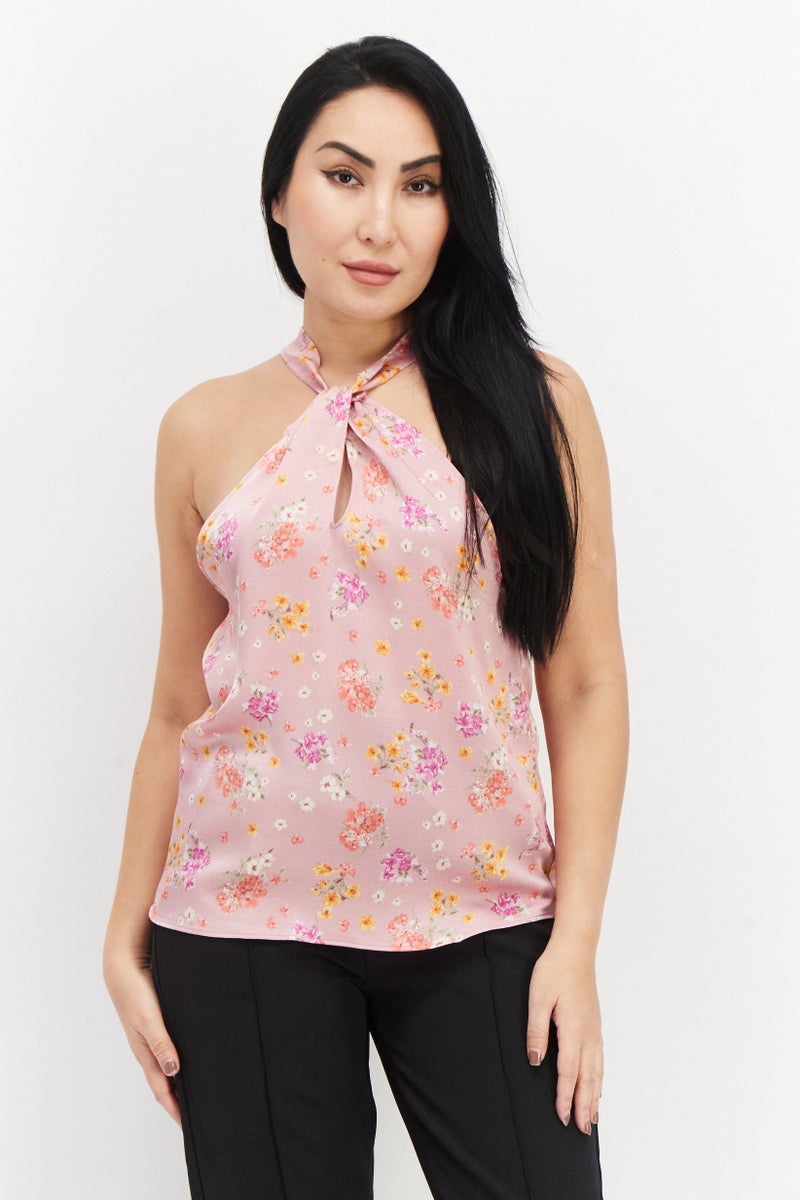 Aqua Women Halter Neck Sleeveless Floral Top, Pink Combo - Image 1