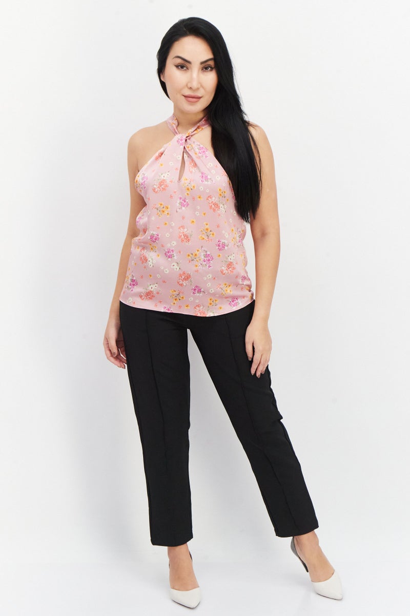 Aqua Women Halter Neck Sleeveless Floral Top, Pink Combo - Image 2
