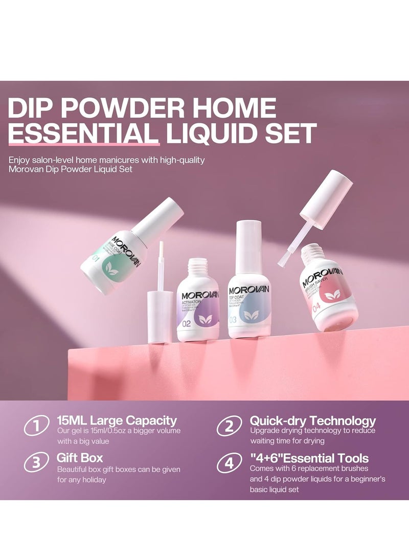 Morovan Dip Powder Liquid Set with Activator Base Top Coat and Dipping Powder Brush Saver 4pcs 0.5oz for Dip Nail Kit - Image 1