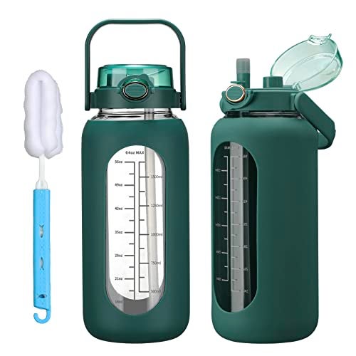 chunmo 64oz Glass Water Bolttles with Straw Half Gallon Large Motivational Water Bottle with Time Marker Sports Water Bottles with Silicone Sleeve and Handle Lid Water Jug for Gym Workout