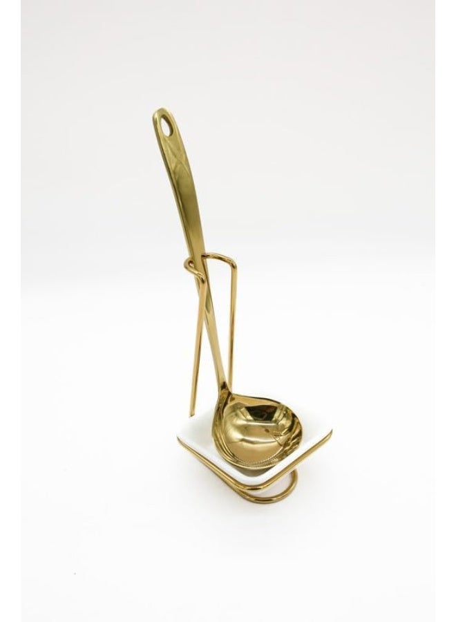 AKDC Stainless Steel Spoon and Ceramic Holder 37x32x11cm, Gold/White - Image 1