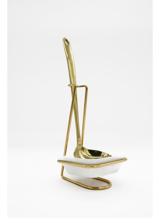 AKDC Stainless Steel Spoon and Ceramic Holder 37x32x11cm, Gold/White - Image 2