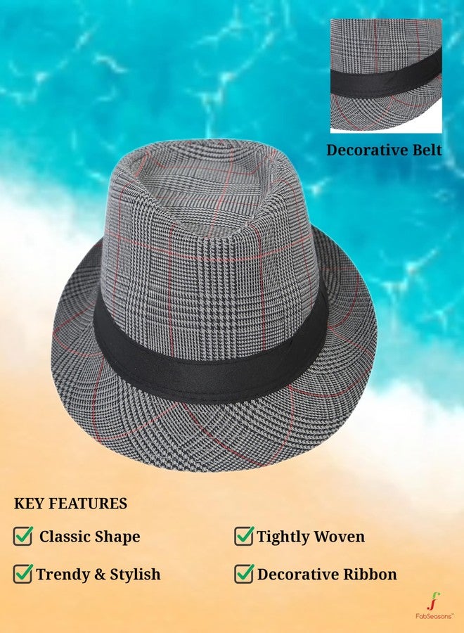 FabSeasons Polyester Unisex Checkered Fedora Hat with Black Decorative Ribbon | Size 58 cm - Image 2