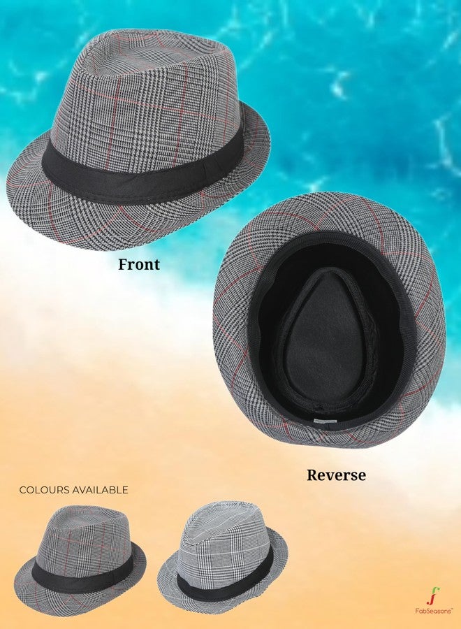 FabSeasons Polyester Unisex Checkered Fedora Hat with Black Decorative Ribbon | Size 58 cm - Image 3