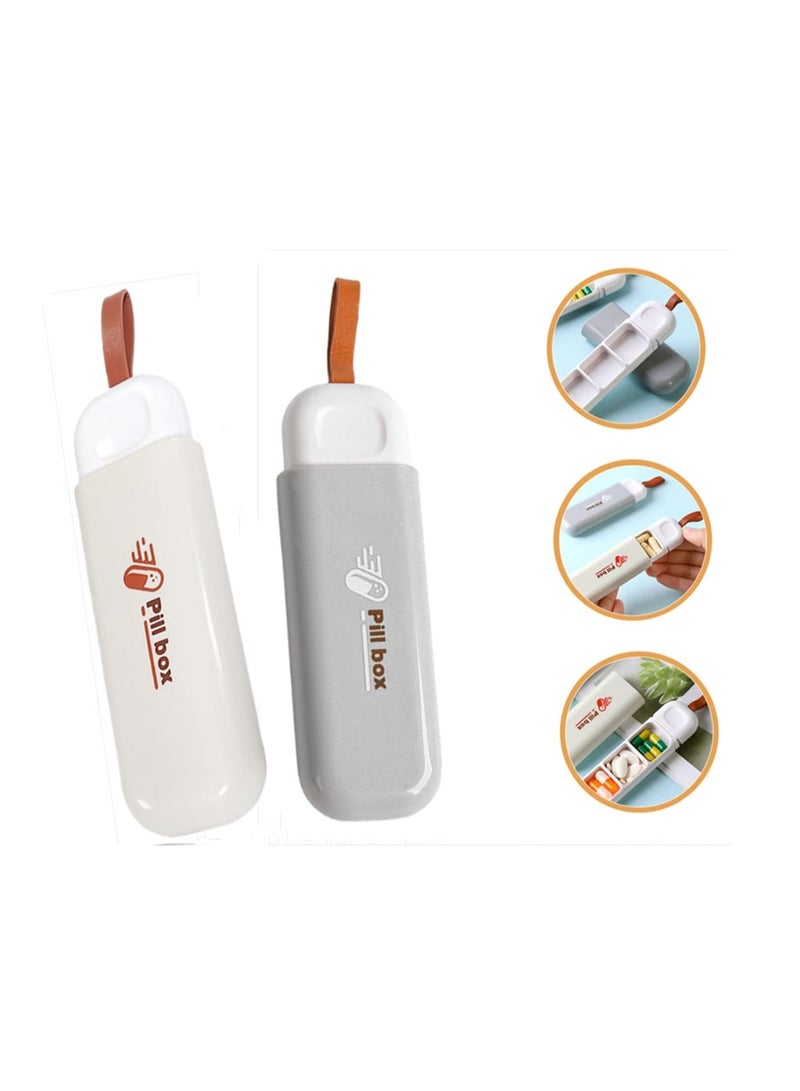 2-Pack Portable Pill Box, Pull-Out Design Leather Pull Cord, Household Portable Small Pill Box One Day Sub-Package Pill Box Elderly Carry With Sub-Pill Box Mini Pill Sub-Package Box, Beige & Grey - Image 1