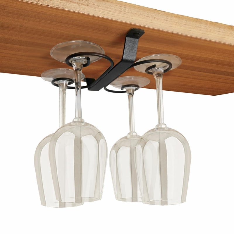 GeLive 9inch Under Cabinet Wine Glass Holder Stemware Rack Glass Storage Hanger With 4 Hooks Organizer for Kitchen Bar RV Black
