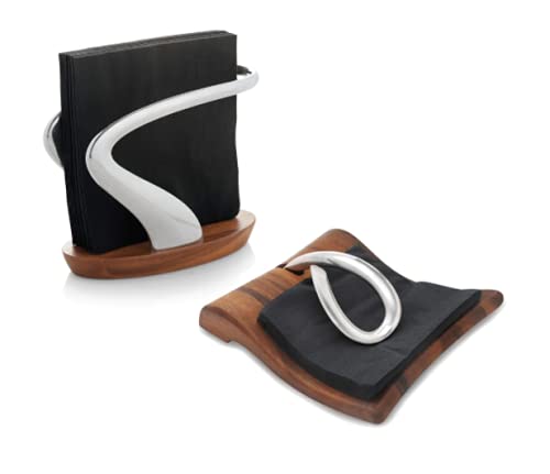 nambe Breeze Napkin Holder | Tabletop Napkin Tray for Parties, Weddings, and Events | Made of Acacia Wood and Stainless Steel | Measures at 9" x 7.5" x 3" | Designed by Neil Cohen - Image 5