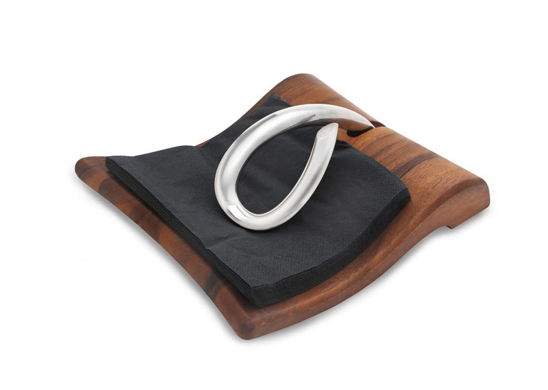 nambe Breeze Napkin Holder | Tabletop Napkin Tray for Parties, Weddings, and Events | Made of Acacia Wood and Stainless Steel | Measures at 9" x 7.5" x 3" | Designed by Neil Cohen - Image 3