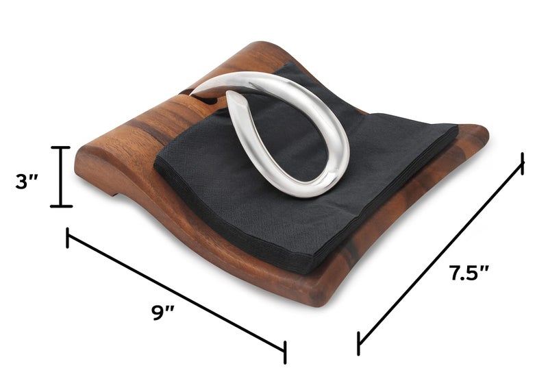 nambe Breeze Napkin Holder | Tabletop Napkin Tray for Parties, Weddings, and Events | Made of Acacia Wood and Stainless Steel | Measures at 9" x 7.5" x 3" | Designed by Neil Cohen - Image 4