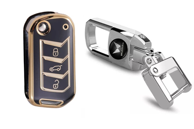 Greenworld™ Silver Color Fob Key Heavy Duty Keychain for New Mahindra Scorpio/Xuv700/Xuv300/Bolero/Thar Roxx Suitable For All Mahindra car (Silver Keychain With Black Tpu Cover) - Image 1