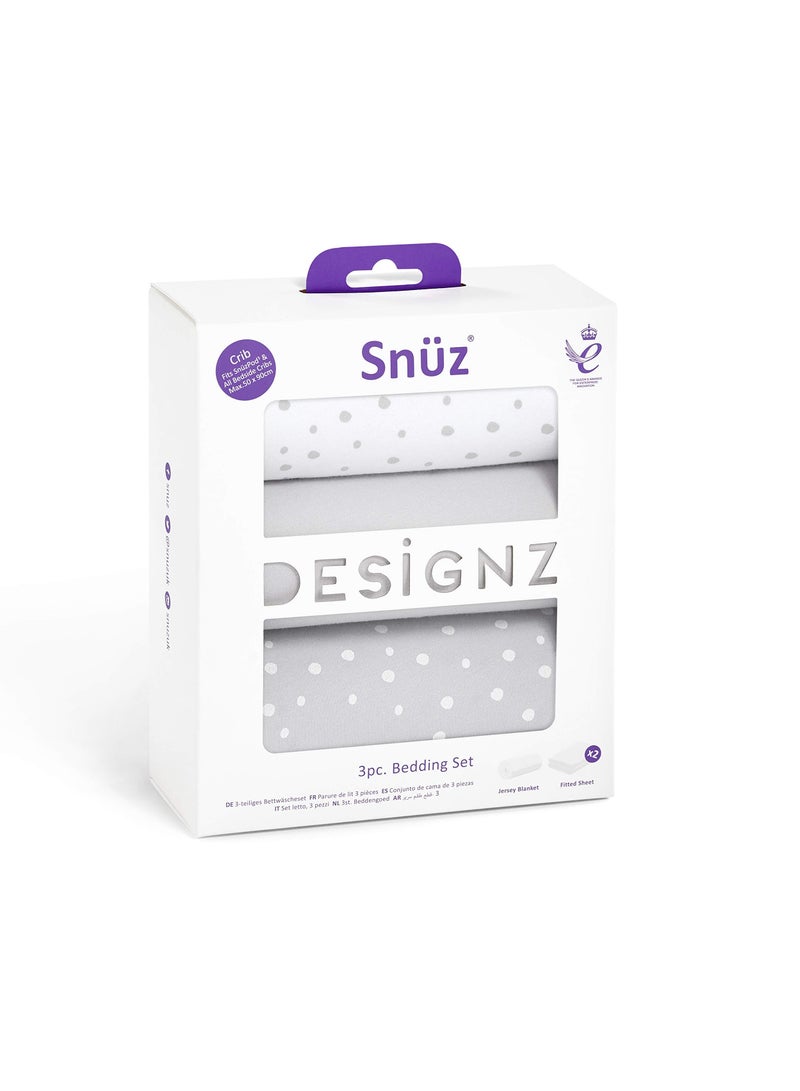 Snuz 3 Piece Crib Bedding Set 100% Jersey Cotton Grey and White Blanket and Crib Sheets Grey Spot - Image 2