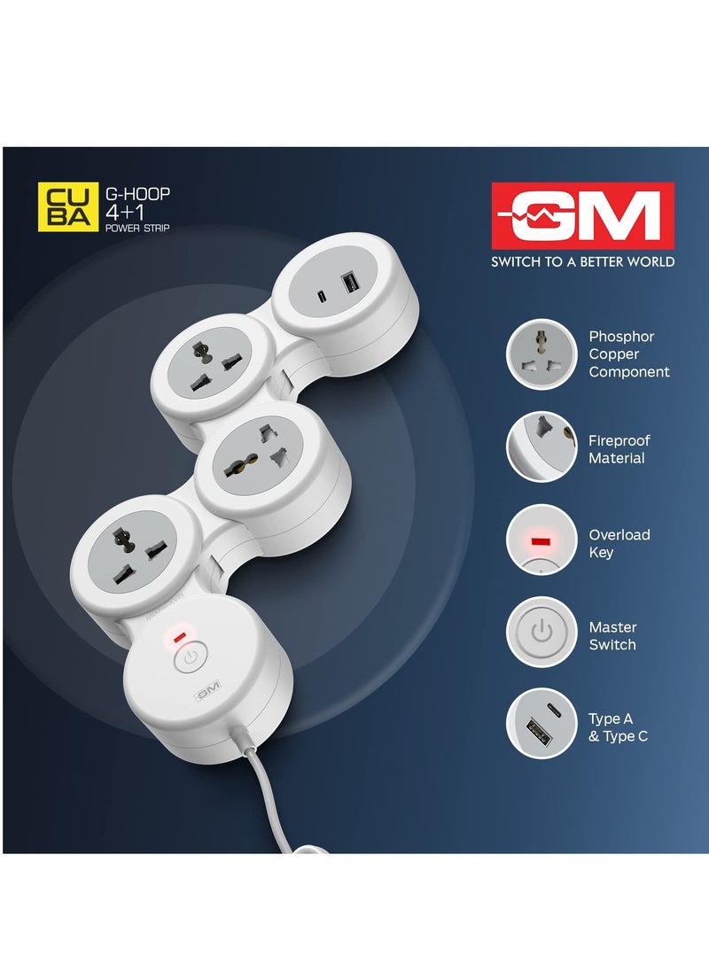 Generic - GM 4+1 G-Hoop Spike Guard with C & A Type USB-Master Switch,Indicator, Safety Shutter, 1.8 Mtr Wire with Overload Protection 3 International sockets & 2 USB Port 1 C Type 1 A Type 3.1A… - Image 1