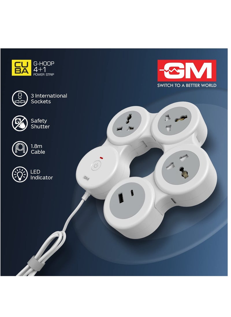 Generic - GM 4+1 G-Hoop Spike Guard with C & A Type USB-Master Switch,Indicator, Safety Shutter, 1.8 Mtr Wire with Overload Protection 3 International sockets & 2 USB Port 1 C Type 1 A Type 3.1A… - Image 1