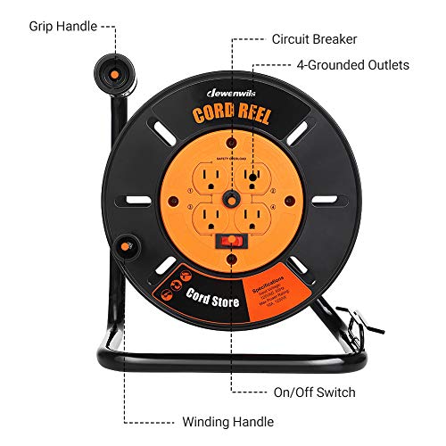 DEWENWILS Extension Cord Storage Reel with 4-Grounded Outlets, Heavy Duty Open Cord Reel for 12/3,14/3,16/3 Gauge Power Cord, Hand Wind Retractable, 10A Circuit Breaker, Rocker Power Switch - Image 2