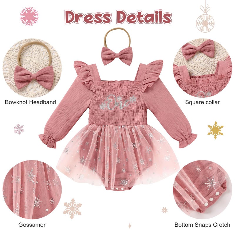 TITKKOP Baby Girl 1st Birthday Clothes One Year Old Tulle Romper Long Sleeve Bodysuit Cake Smash Outfits(Flesh pink,9-12M) - Image 5