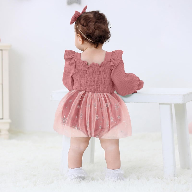 TITKKOP Baby Girl 1st Birthday Clothes One Year Old Tulle Romper Long Sleeve Bodysuit Cake Smash Outfits(Flesh pink,9-12M) - Image 4