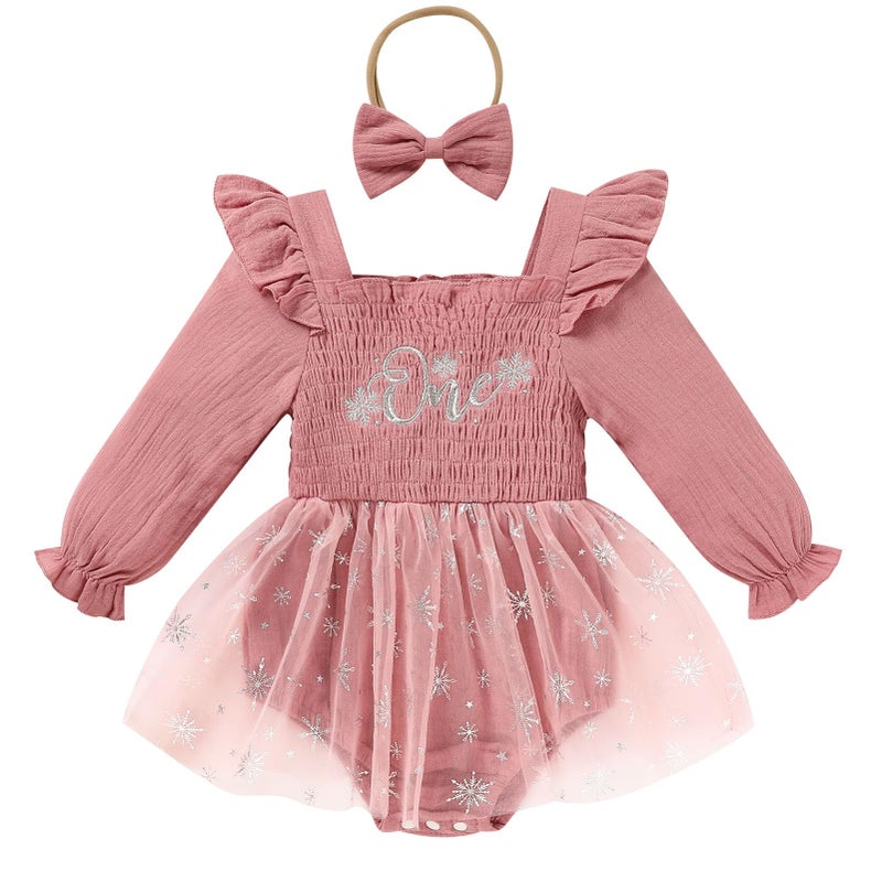 TITKKOP Baby Girl 1st Birthday Clothes One Year Old Tulle Romper Long Sleeve Bodysuit Cake Smash Outfits(Flesh pink,9-12M) - Image 1