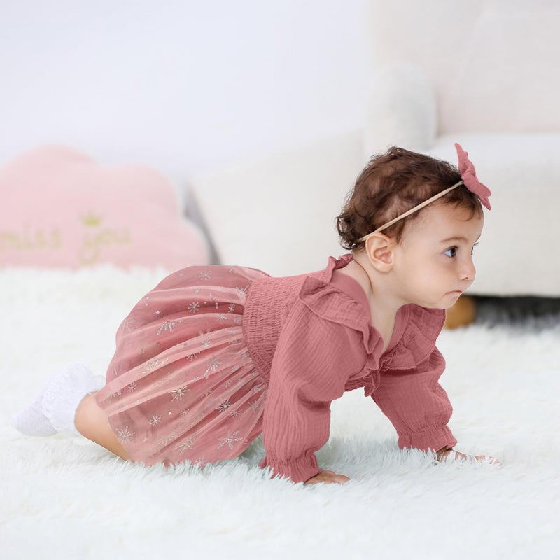 TITKKOP Baby Girl 1st Birthday Clothes One Year Old Tulle Romper Long Sleeve Bodysuit Cake Smash Outfits(Flesh pink,9-12M) - Image 3