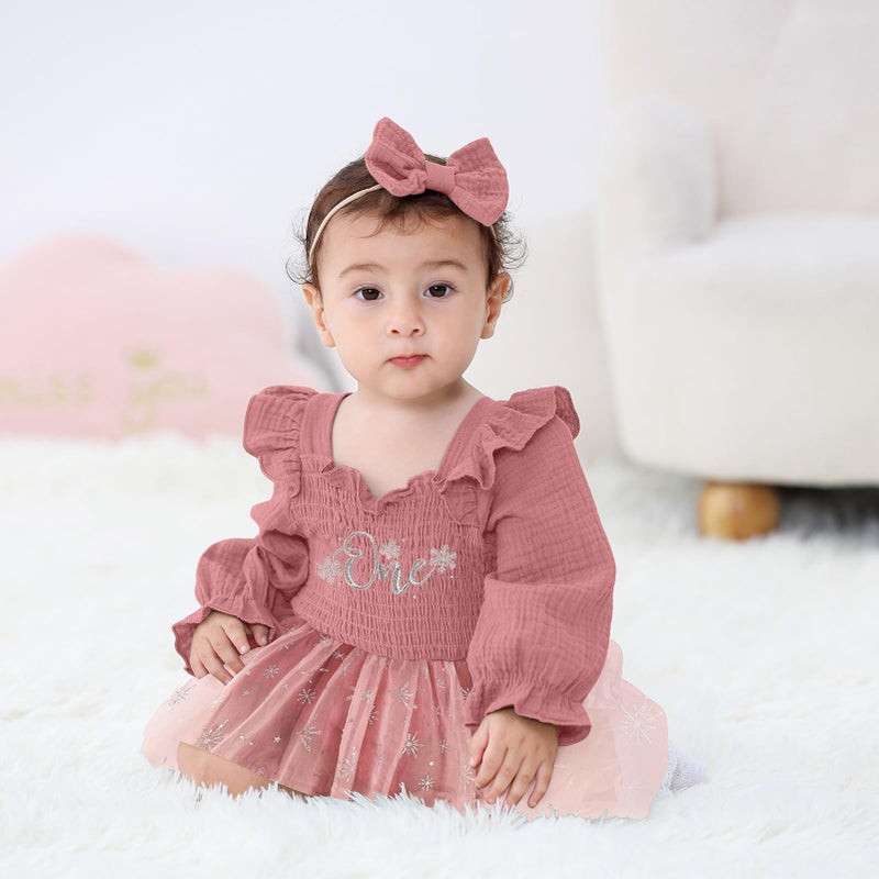 TITKKOP Baby Girl 1st Birthday Clothes One Year Old Tulle Romper Long Sleeve Bodysuit Cake Smash Outfits(Flesh pink,9-12M) - Image 2