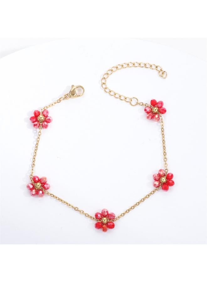 Cross Border Color Crystal Flower Pearl Flower Stainless Steel Dopamine Advanced Sense Style Titanium Steel Bracelet Ankle Chain For Women 