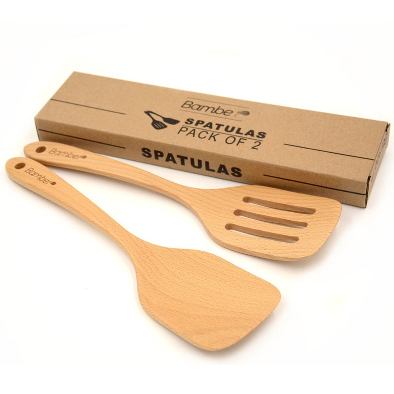 Bamber Wood Spatula Set Non Stick Wooden Turner Cooking Utensils Pack of 2