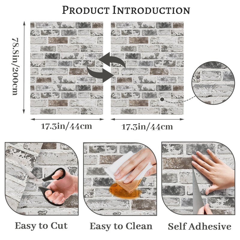 PeonyQueen Brick Wallpaper Peel and Stick Wallpaper 17.3"x78.8" Grey and White 3D Brick Wallpapers Self Adhesive Vintage Wall Paper Removable Textured Contact Paper for Fireplace Kitchen Home Decoration Vinyl - Image 3