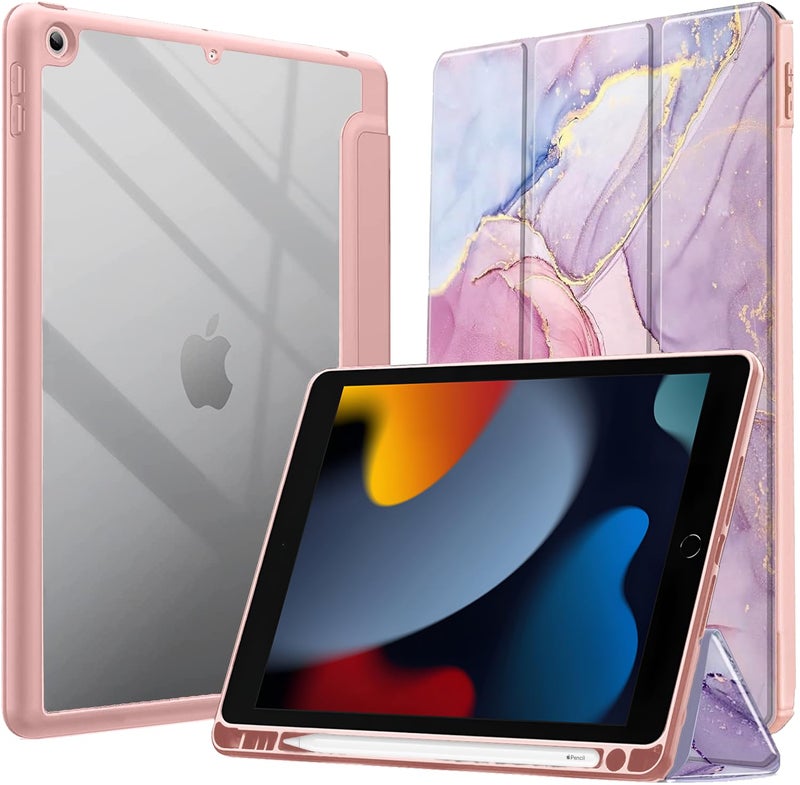 ProElite Case Cover for Apple iPad 10.2 inch Case, Smart Flip Case Cover for Apple iPad 10.2 inch 2021 9th/8th/7th Gen, Clear Soft Back with Pencil Holder, Marble Rose Pink - Image 1