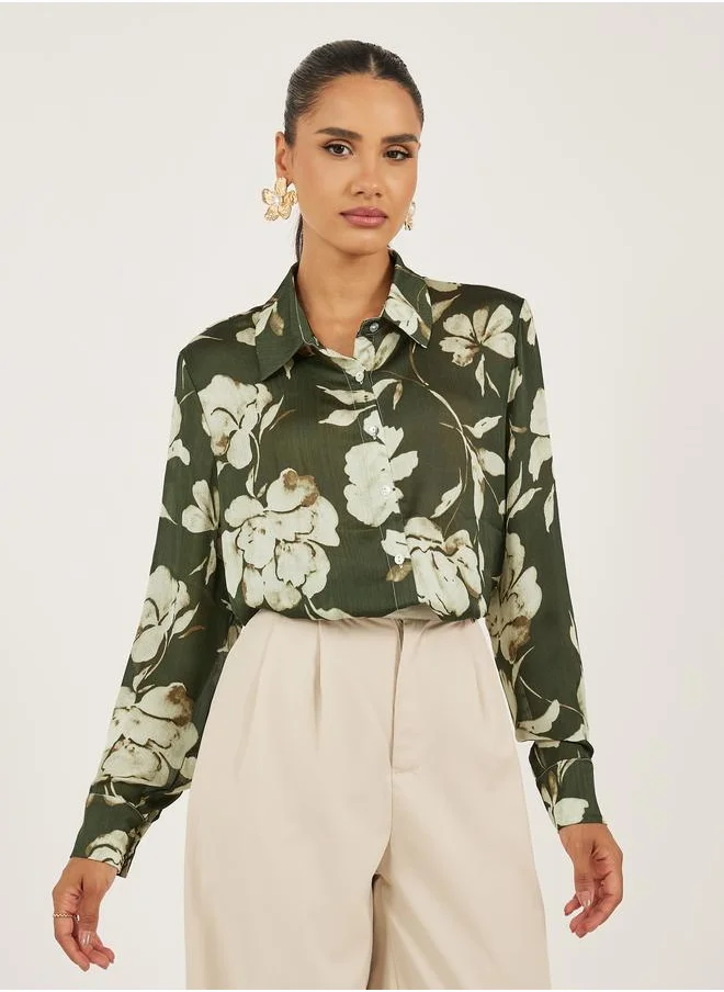 ستايلي Styli Women Floral Printed Spread Collar Oversized Shirt