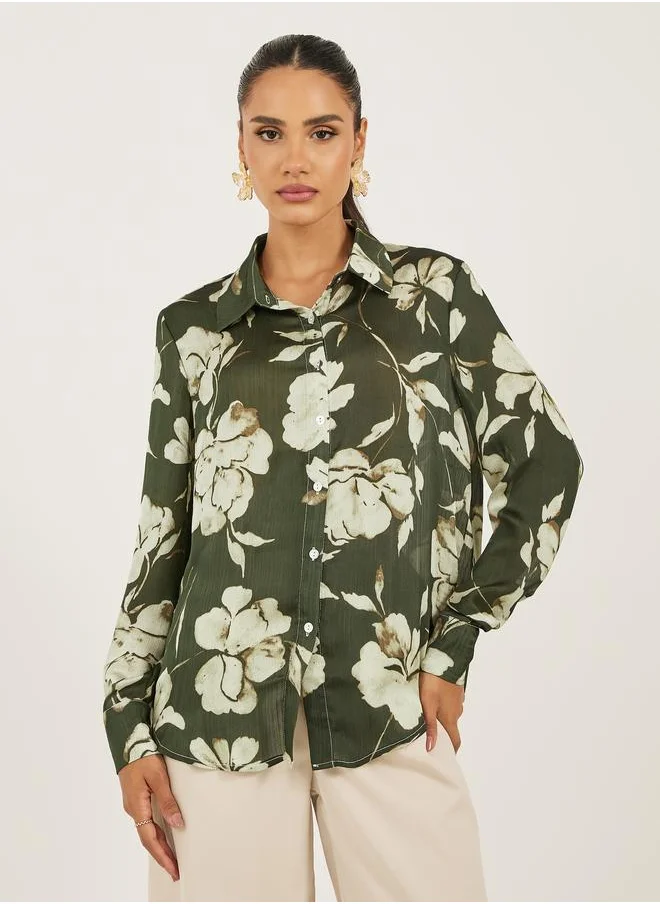 ستايلي Styli Women Floral Printed Spread Collar Oversized Shirt