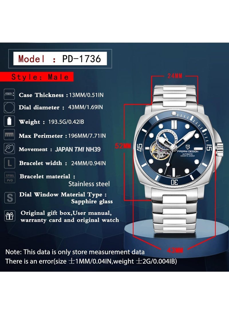 PAGANI DESIGN New Men's Mechanical Automatic Watches, Stainless Steel Frame, Equipped With Sapphire Glass Surface, Imported NH39 Movement, Silver-Blue Dial With Silver Stainless Steel Strap, Fashionable And Luxurious PD1736  - Image 2