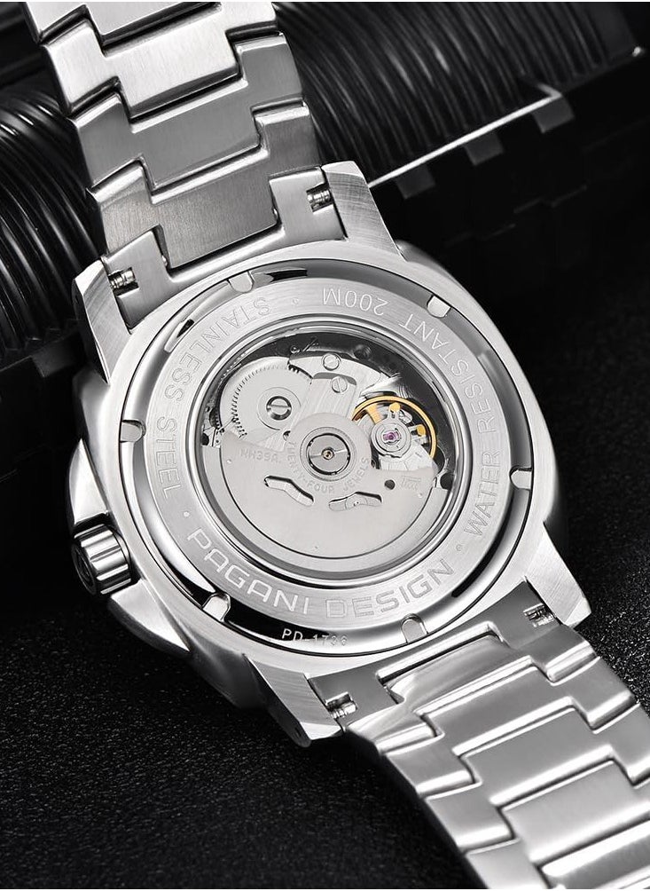 PAGANI DESIGN New Men's Mechanical Automatic Watches, Stainless Steel Frame, Equipped With Sapphire Glass Surface, Imported NH39 Movement, Silver-Blue Dial With Silver Stainless Steel Strap, Fashionable And Luxurious PD1736  - Image 5