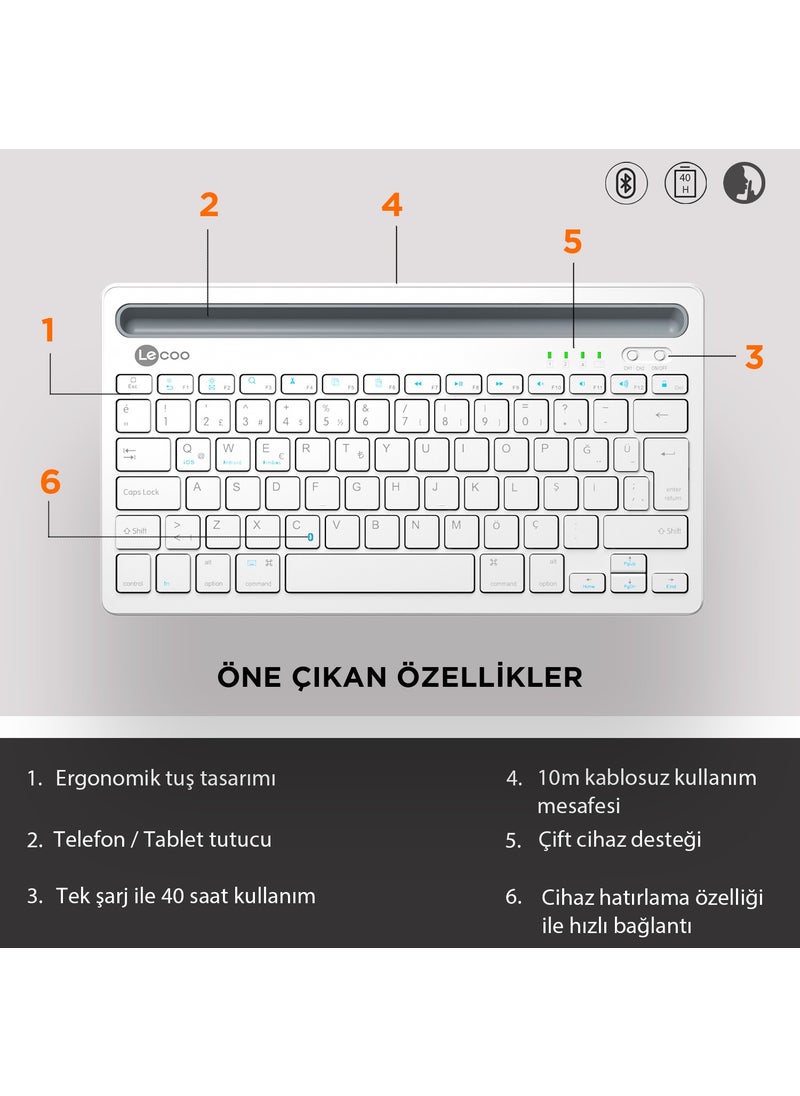 lecoo - BK100 Multi-Device Compatible Rechargeable Wireless Bluetooth Turkish Q Keyboard White - Image 1