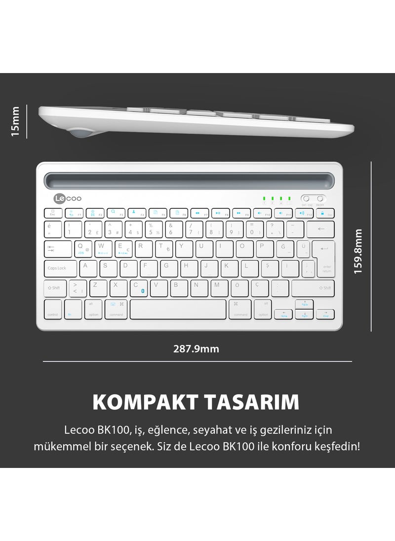 lecoo - BK100 Multi-Device Compatible Rechargeable Wireless Bluetooth Turkish Q Keyboard White - Image 1