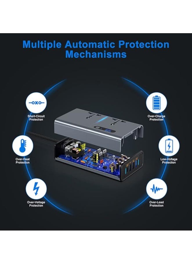ماركة غير محددة 200W سيارة الطاقة العاكس ، تيار مستمر 12V إلى 220V AC سيارة العاكس مناسبة للسيارات و SUVs مع 2 AC Outlets ، 3 USB ، 1 نوع C ميناء وعرض LED (رمادي فضي)  - Image 4