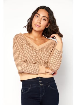 Women V Neck Long Sleeve Abstract Print Ruched Sweater, Brown