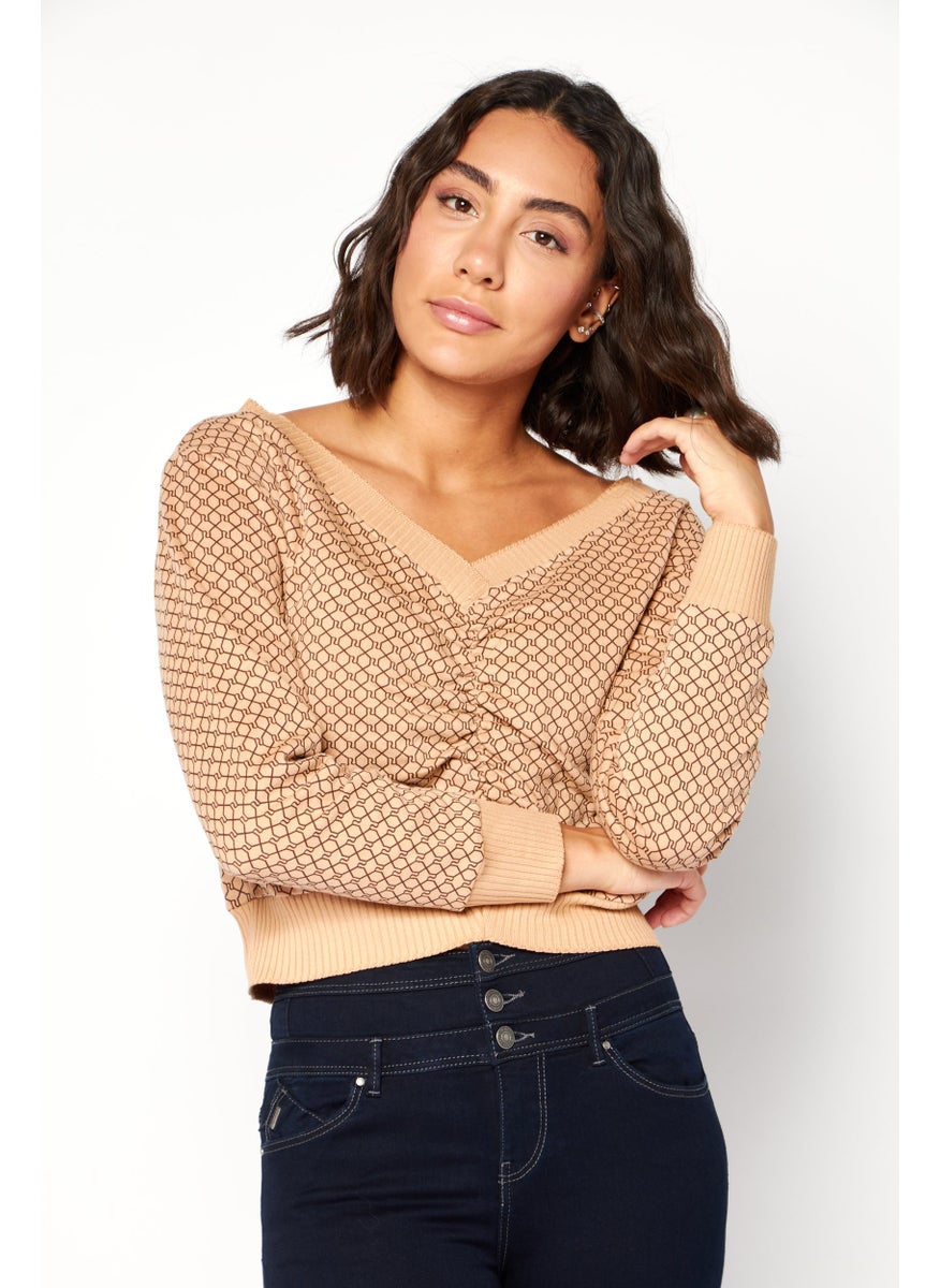 RIVER ISLAND Women V Neck Long Sleeve Abstract Print Ruched Sweater, Brown  - Image 1