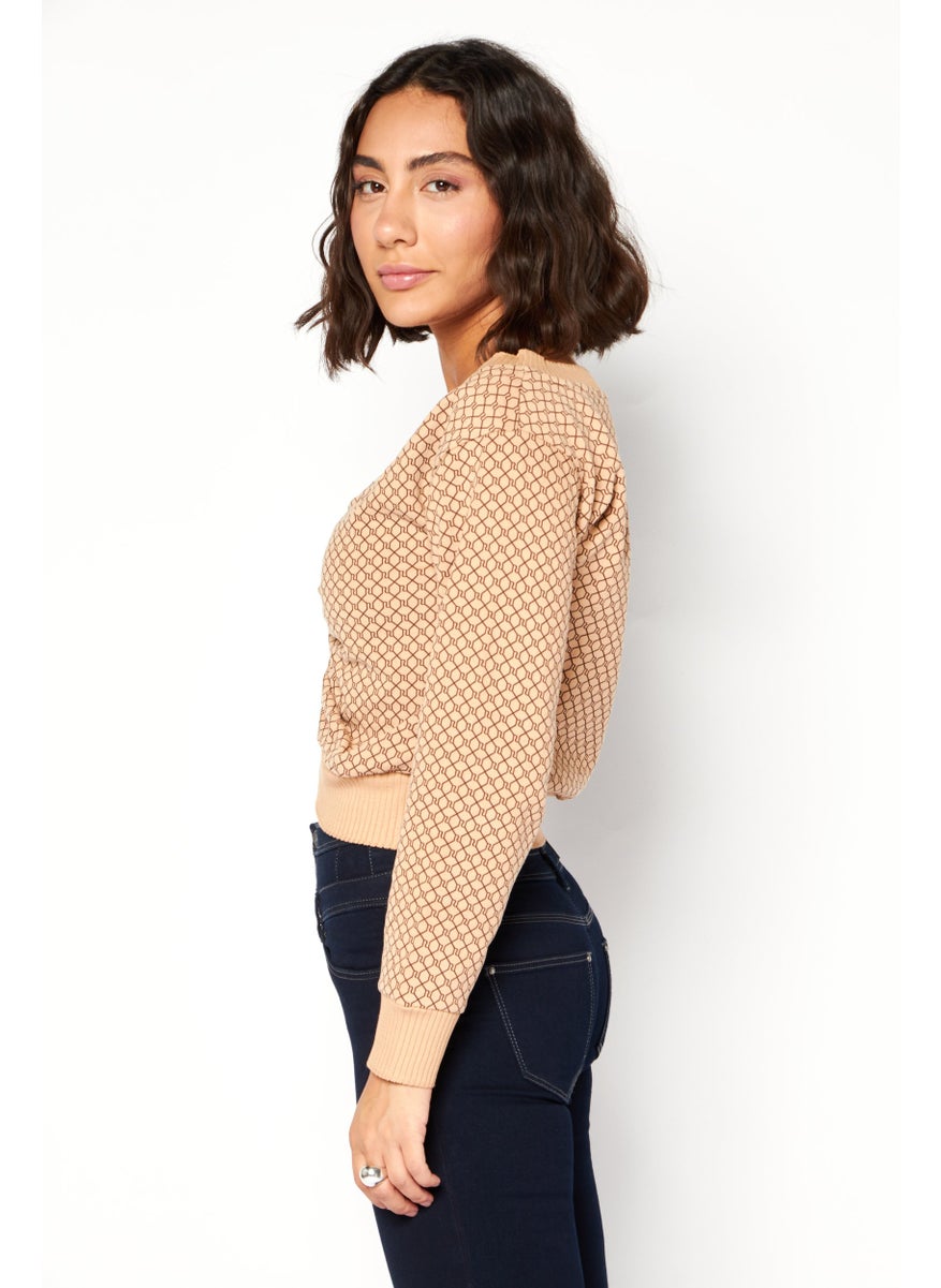 RIVER ISLAND Women V Neck Long Sleeve Abstract Print Ruched Sweater, Brown  - Image 2