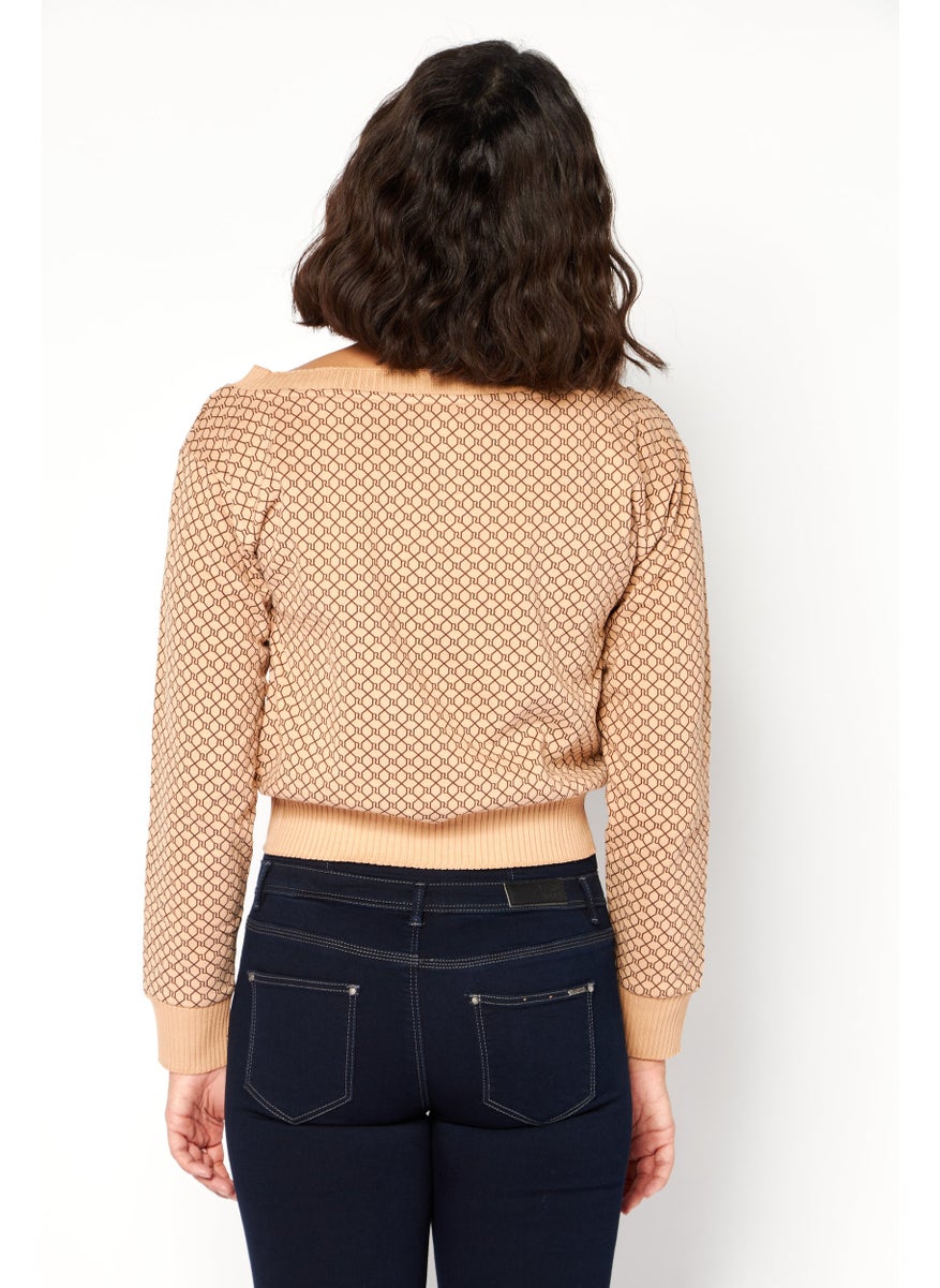 RIVER ISLAND Women V Neck Long Sleeve Abstract Print Ruched Sweater, Brown  - Image 3
