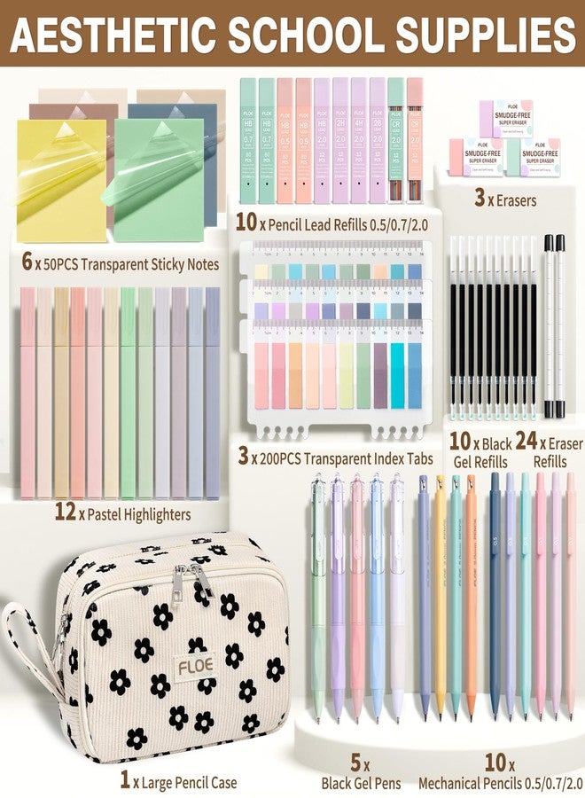 FLOE 62PCS Aesthetic School Supplies, Cute Back to School Supplies College Essentials Preppy Stationary Set with Large Pencil Pouch Case, Pastel Highlighters Gel Pens Mechanical Pencils for Student Girls - Image 2