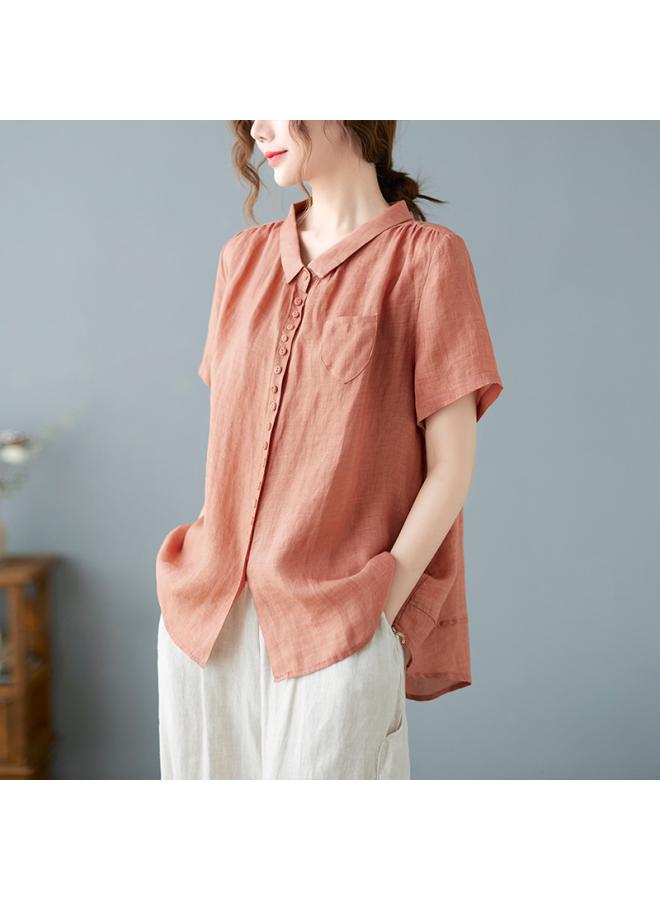 VUELO Real Shot Summer New Artistic Loose Solid Color Cotton Linen Lapel Short Sleeve Shirt Top Women #8626 - Image 1