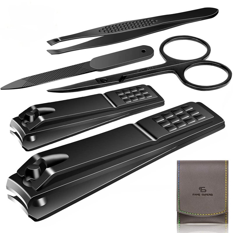 QLNE Manicure Pedicure Kit Nail Clippers Set Fingernails & Toenails Vibrissac Scissor 5 Pieces Best Care Tools for Man & Women with Travel Case (Gray/Black_A) (Gray/Black_A) - Image 1