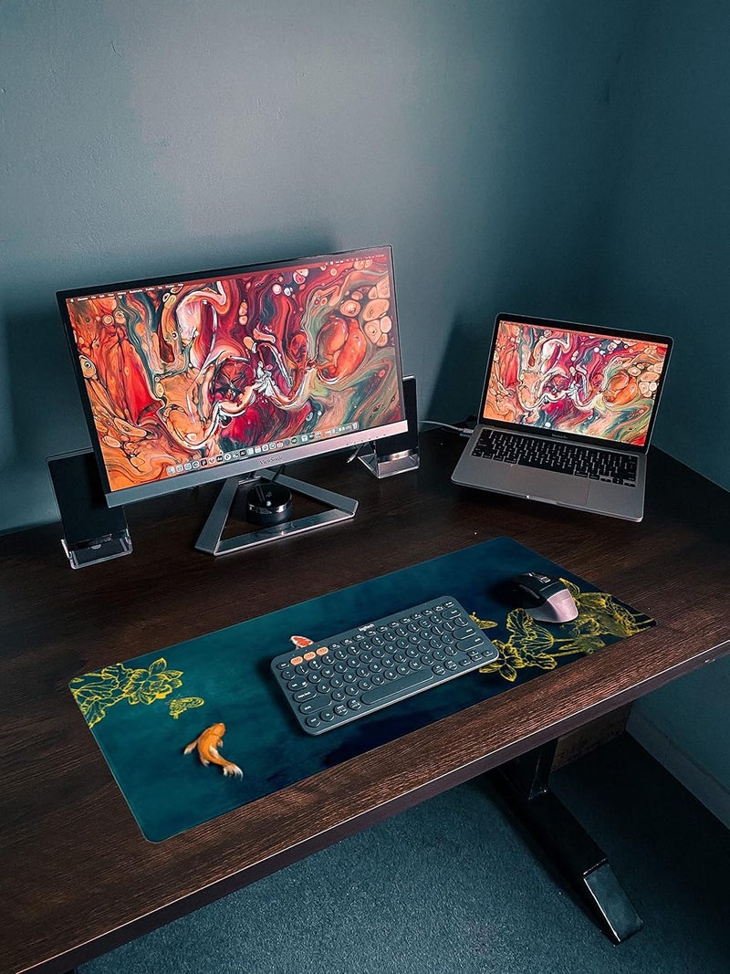 ميستي بلو لوحة ماوس ألعاب ممتدة، حصيرة مكتب كبيرة بتصميم صيني، قاعدة مطاطية غير قابلة للانزلاق مع حواف مخيطة (35.4 × 15.7 بوصة)، حصيرة ماوس لوحة مفاتيح كمبيوتر مقاومة للماء للألعاب والمكتب والمنزل - Image 3