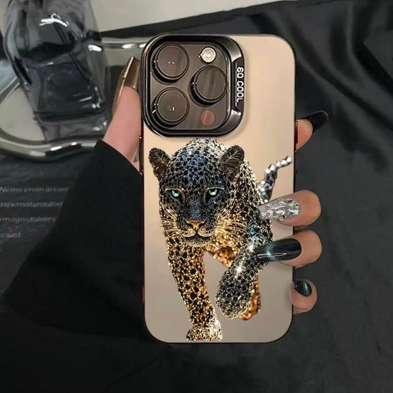 Apple iPhone 16 Pro Phone Case, TPU Shockproof, Stylish, Personalized, Luxurious, Rhinestone Cheetah Drop-Proof Phone Case (Black)